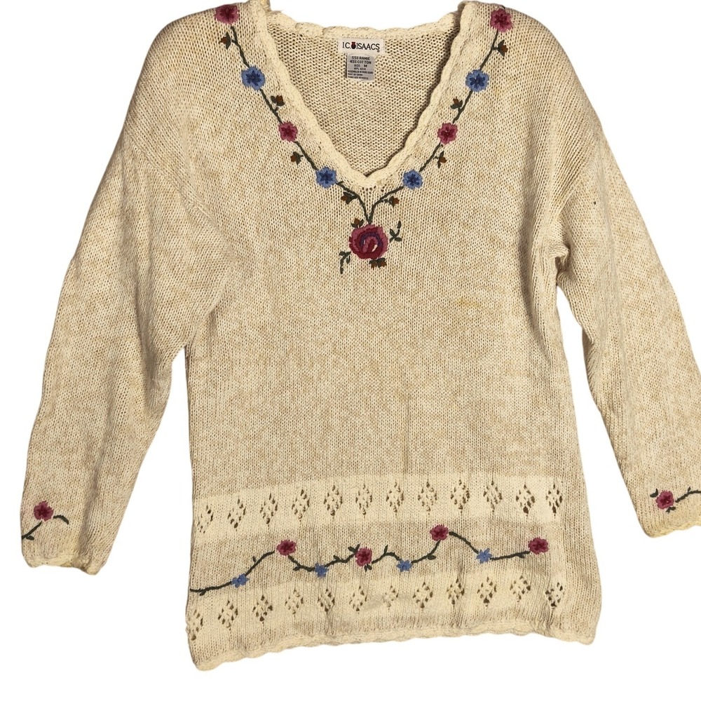 Vintage IC Isaacs Floral Embroidered Ramie Cotton Sweater Womens M